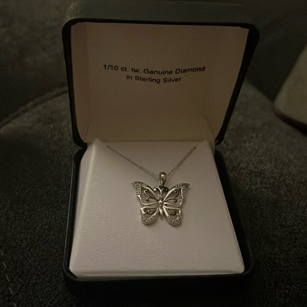 1/10 ct tw. Genuine Diamond in Stirling Silver butterfly necklace
